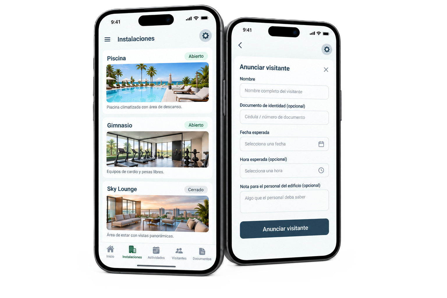 Pantallas de la app de residentes: instalaciones y anunciar visitante